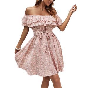 Pink & White Floral Layered-Ruffle Off Shoulder Dress Size S